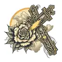 cross and rosses surrounded by clouds and sun rays  tattoo design idea