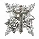 cross and rosses surrounded by clouds and sun rays  tattoo design idea