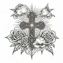 cross and rosses surrounded by clouds and sun rays  tattoo design idea