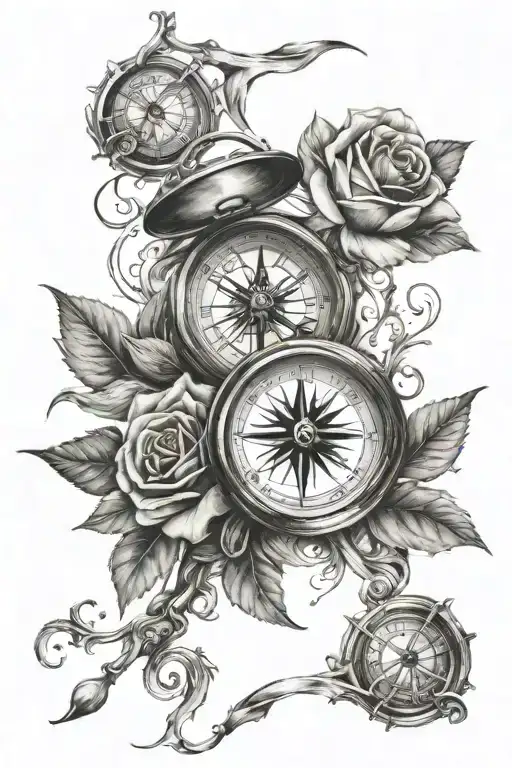 clock and compass with rose tattoo design idea