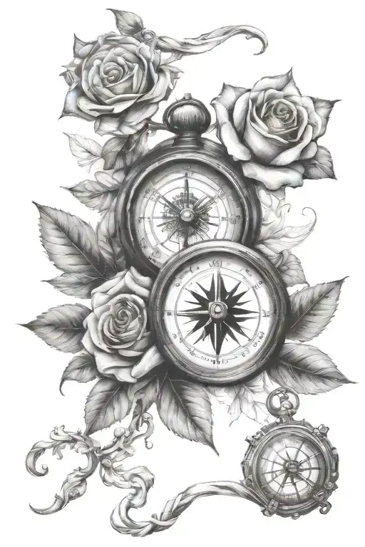 clock and compass with rose tattoo design idea