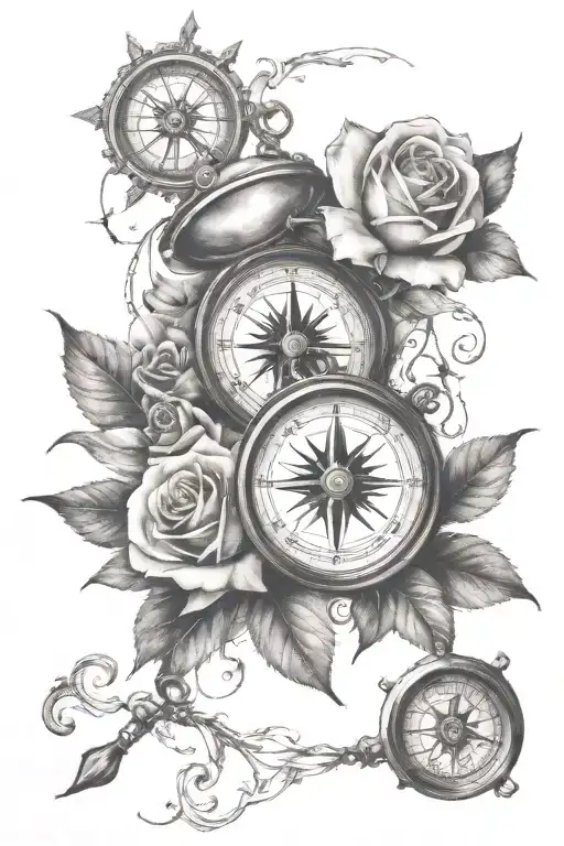 clock and compass with rose tattoo design idea