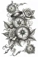 clock and compass with rose tattoo design idea