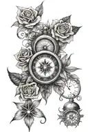 clock and compass with rose tattoo design idea
