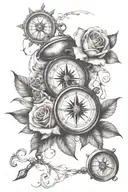 clock and compass with rose tattoo design idea