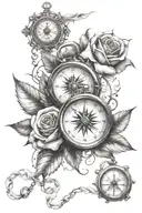 clock and compass with rose tattoo design idea
