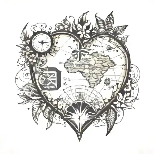 crystal heart with map of Australia and thailand and africa tattoo design idea