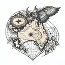 crystal heart with map of Australia and thailand and africa tattoo design idea