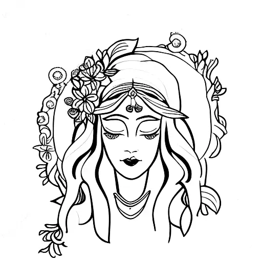 A blackwork tattoo of Persephone, the Greek goddess of spring and flowers, surrounded by a wreath of enchanting fairy-like flowers tattoo design idea
