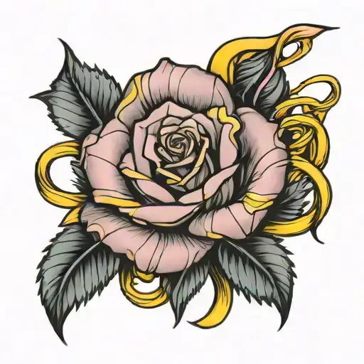 pink cancer ribbon intertwined yellow rose growing tattoo design idea