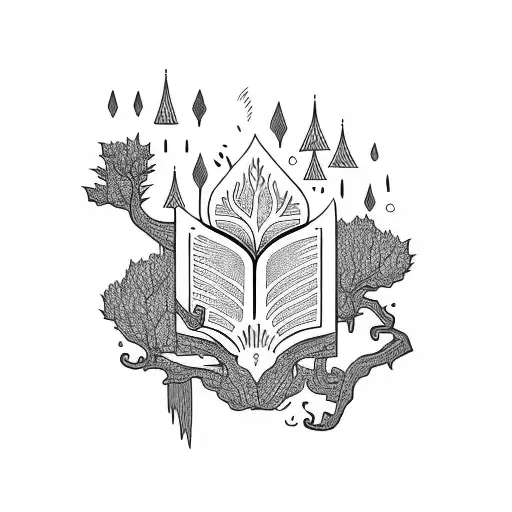 small fantasy style with books and trees tattoo design idea