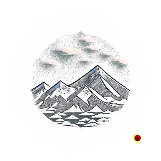 A majestic mountain range with a disc golf basket nestled among the peaks tattoo design idea