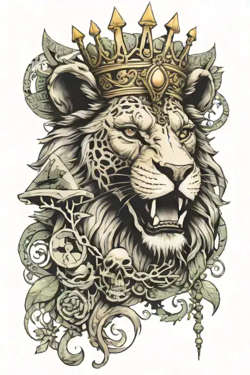 Skeleton Lion king crown made of money tattoo design idea