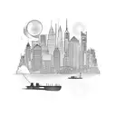 Turntable with a city skyline inside tattoo design idea