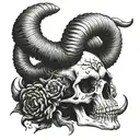 Evil Aries skull, style: Highly detailed blackwork, Prominent, twisted horns with blood dripping from them. Fire tattoo design idea