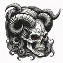 Evil Aries skull, style: Highly detailed blackwork, Prominent, twisted horns with blood dripping from them. Fire tattoo design idea