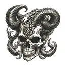 Evil Aries skull, style: Highly detailed blackwork, Prominent, twisted horns with blood dripping from them. Fire tattoo design idea