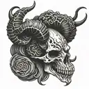 Evil Aries skull, style: Highly detailed blackwork, Prominent, twisted horns with blood dripping from them. Fire tattoo design idea