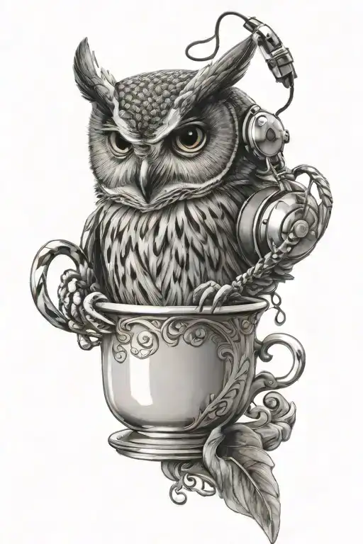 owl with earphones in a cup tattoo design idea