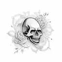 A dotwork skull adorned with vibrant floral patterns tattoo design idea