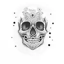 A dotwork skull adorned with vibrant floral patterns tattoo design idea