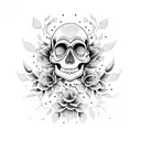 A dotwork skull adorned with vibrant floral patterns tattoo design idea