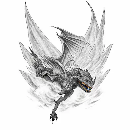 A black-grey tattoo depicting Drogon soaring through the clouds, with his wings spread wide tattoo design idea
