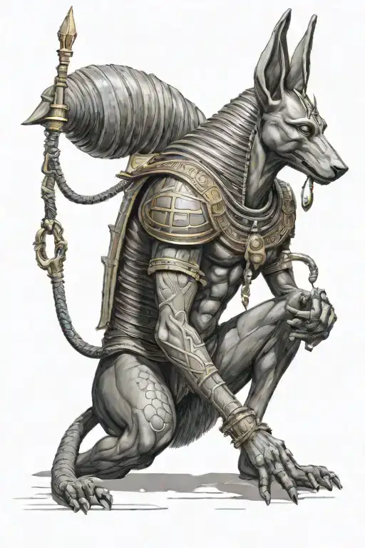 Anubis in profile, with a Ba scepter from Egyptian mythology in his right hand, at mid-body, with a snake around his bod tattoo design idea