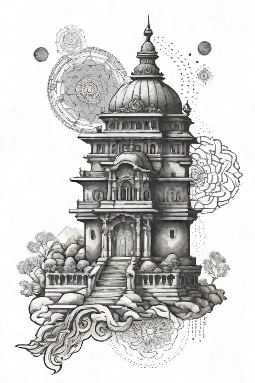 A dotwork tattoo of the Kedarnath temple with a chakra incorporated into the design tattoo design idea