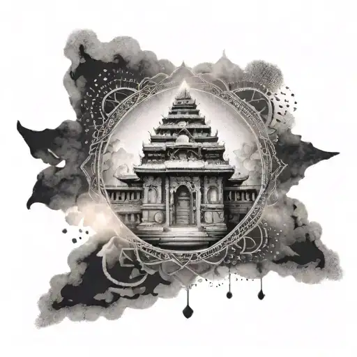 A dotwork tattoo of the Kedarnath temple with a chakra incorporated into the design tattoo design idea