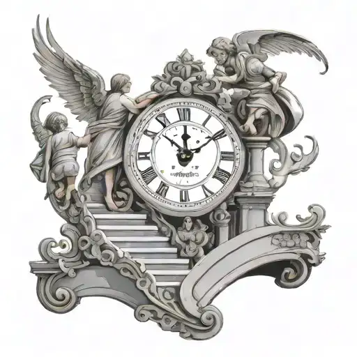  tattoo design featuring a father and son walking up a set of stairs towards a clock. Alongside them, two angels flying tattoo design idea