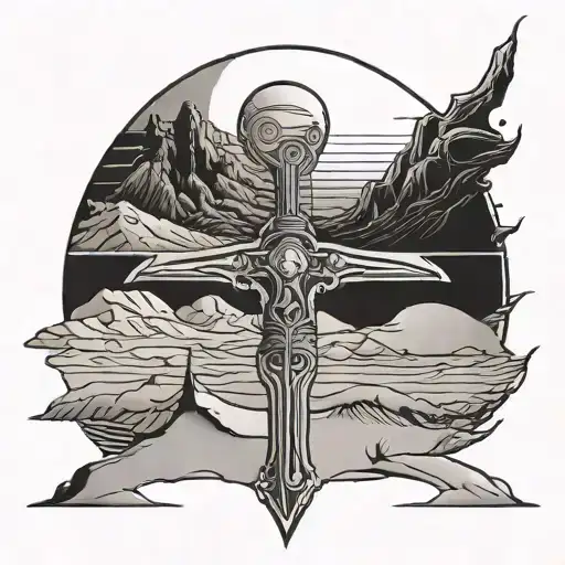 a crysknife from the movie dune combined with a a dessert dune landscape and a moon tattoo design idea