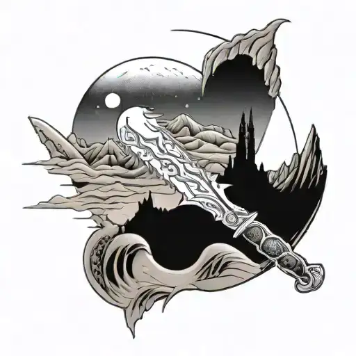 a crysknife from the movie dune combined with a a dessert dune landscape and a moon tattoo design idea