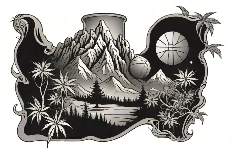 A mountain landscape with a basketball court at the summit and marijuana plants growing around it tattoo design idea