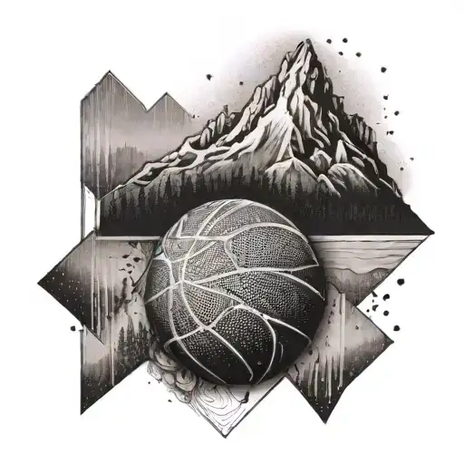 A basketball merging with a mountain peak, symbolizing the client's love for basketball and hiking tattoo design idea