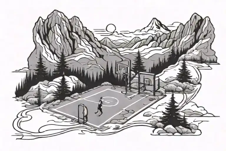 A basketball court in a mountainous landscape, symbolizing the client's love for basketball and hiking tattoo design idea