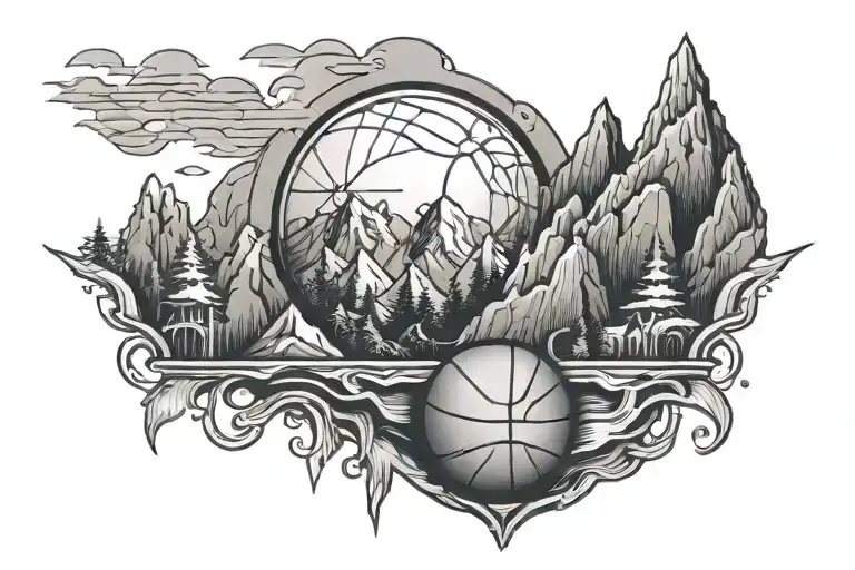A basketball merging with a mountain peak, symbolizing the client's love for basketball and hiking tattoo design idea