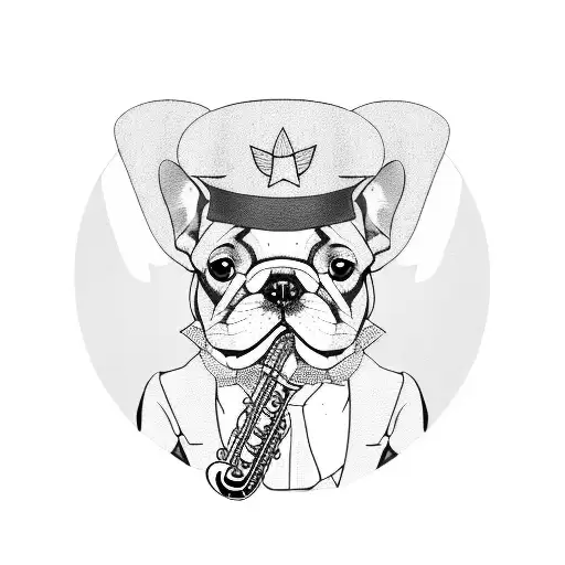 A french bulldog wearing a beret and playing a saxophone tattoo design idea