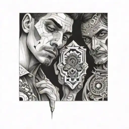 a side image of a bruised man with a kaleidoscope behind his eyelid and another man looking through the other end tattoo design idea