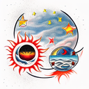 Sun and Moon and red star tattoo design idea
