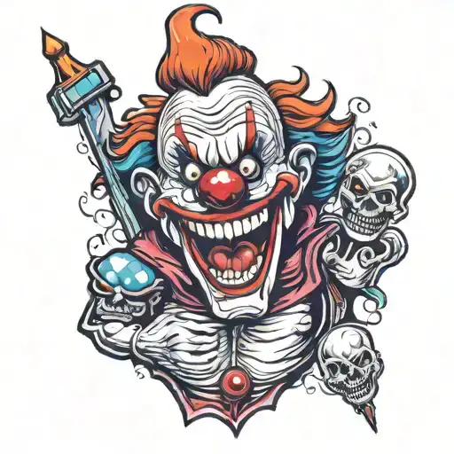 evil clown holding a  severed head tattoo design idea