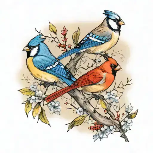 a tattoo with three flying birds: a cardinal, blue jay, and goldfinch. The birds are flying in the same directions tattoo design idea