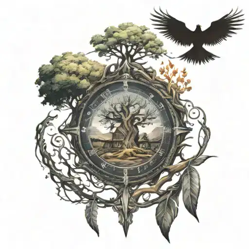 life of tree with small house surrounded runes compass under flighting phoenix  tattoo design idea