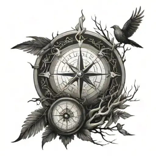 life of tree with small house surrounded runes compass under flighting phoenix  tattoo design idea