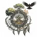 life of tree with small house surrounded runes compass under flighting phoenix  tattoo design idea
