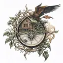 life of tree with small house surrounded runes compass under flighting phoenix  tattoo design idea