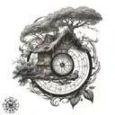 life of tree with small house surrounded runes compass under flighting phoenix  tattoo design idea