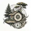 life of tree with small house surrounded runes compass under flighting phoenix  tattoo design idea