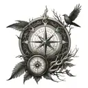 life of tree with small house surrounded runes compass under flighting phoenix  tattoo design idea