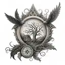 life of tree with small house surrounded runes compass under flighting phoenix  tattoo design idea